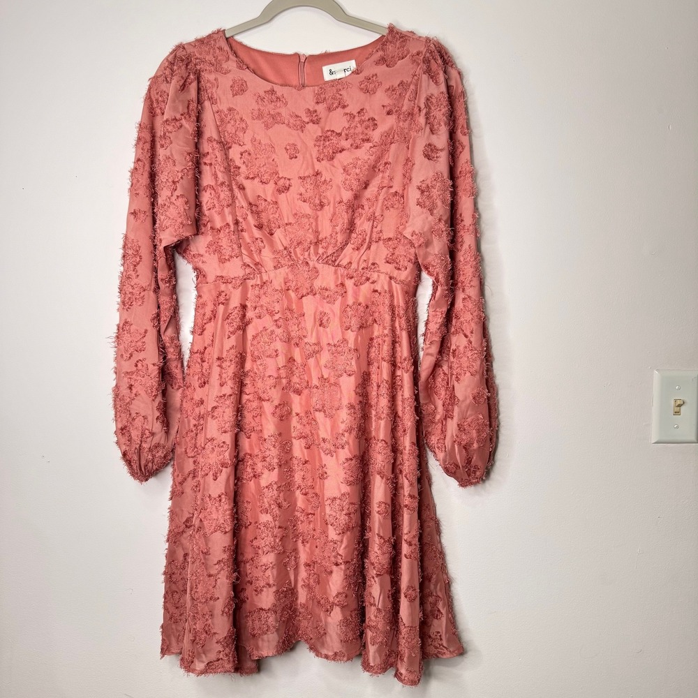 &merci Floral Embroidered Textured Dress Long Sleeve Romantic Pink Boho Small